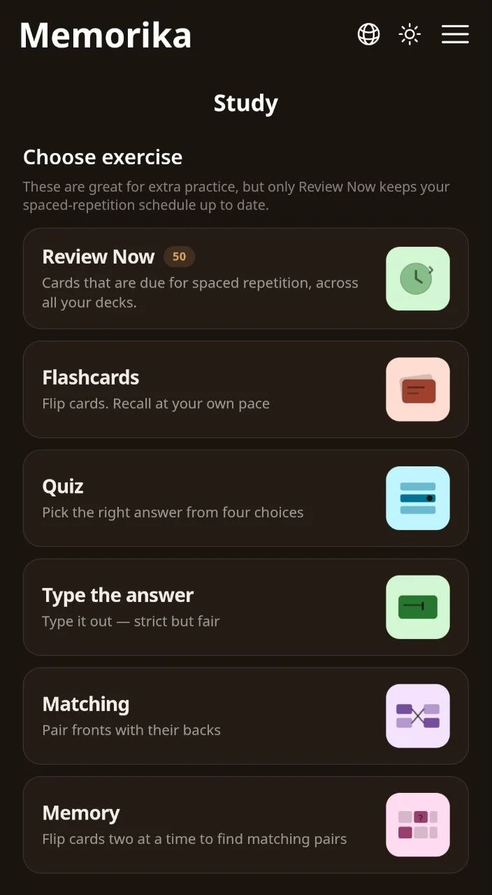 Memorika exercise list: Review Now, Flashcards, Quiz, Type the answer, Matching and Memory